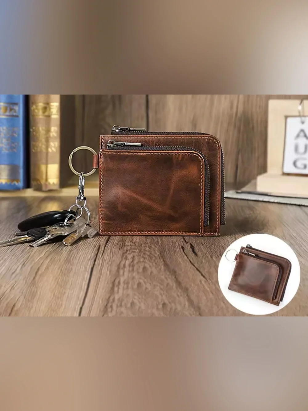 New Vintage Brown genuine Leather Zip Wallet with Keyring Accent